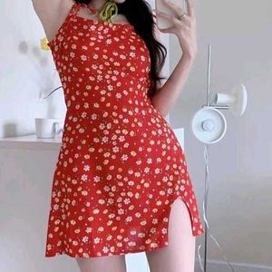 Red Floral Mini Dress with Slit