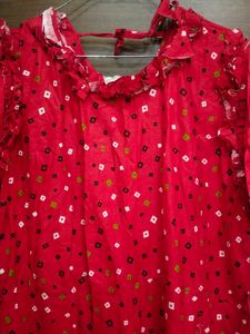 Red Printed Kurta with Ruffle Neck