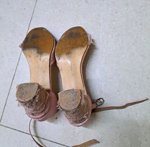 Denill Brand Pink Block Heels Shoes. With Lace Det