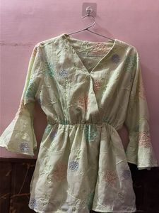 Light Green Embroidered Bell Sleeve Top