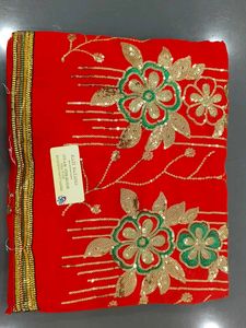Red Saree with Sequins & Floral Embroidery