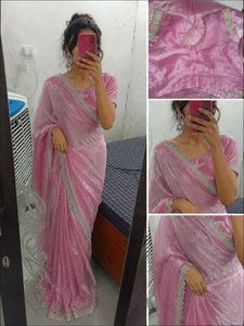 Elegant Pink Shimmer Saree with Silver Border |