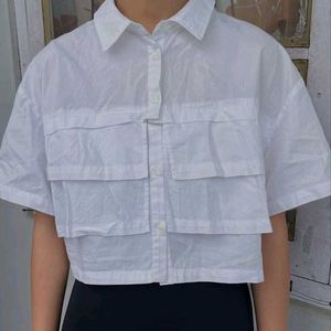 White Cropped Button-Up Shirt with Pockets