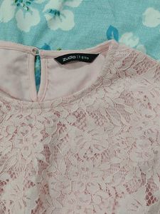 Denim Mini Skirt with pink lace crop t