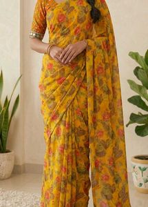Vibrant Yellow Floral Print Saree