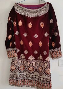 Embroidered Maroon Velvet Kurta