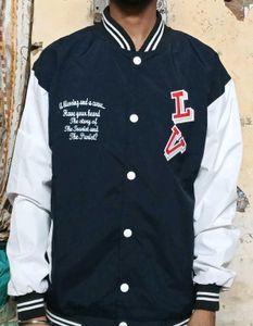 Men's Navy &amp; White Varsity Jacket in winter