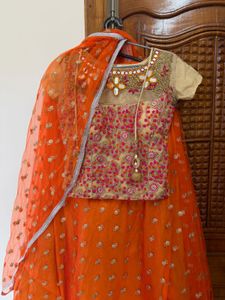 Orange Net Lehenga Choli with Golden Embellishment