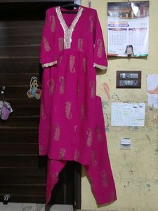 Beautiful Pink Kurta Set with Gold Print