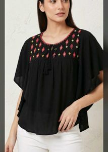 Boho Black Tunic Top with Embroidered Neckline