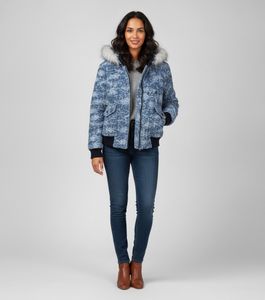 Blue Textured Bomber Jacket with Faux Fur Hood