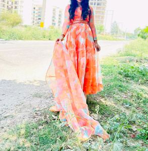 Orange Tie-Dye Anarkali Gown