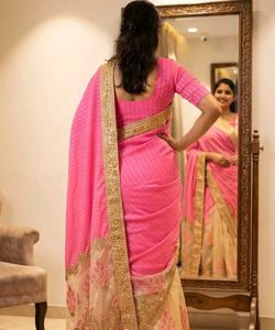 Pink &amp; Cream Embroidered Saree – No Blouse Include