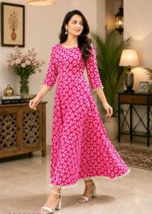 Pink Pompom Viscose Rayon Anarkali Kurti