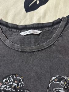 Graphic Print Washed Black T-Shirt
