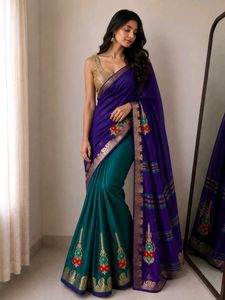 Teal Embroidered Silk Saree