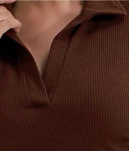 Brown Ribbed Long Sleeve Collared Top