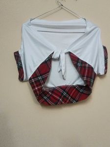 Red Plaid Mini Skirt with Lace Trim and top