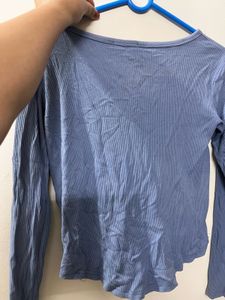 Blue Ribbed Long Sleeve V-Neck Top