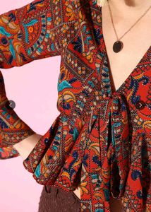 Boho Print Tie-Front Bell Sleeve Top