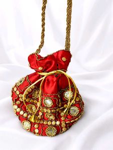 ❤️ Red Embroidered Potli Bag with Mirror Work & Go