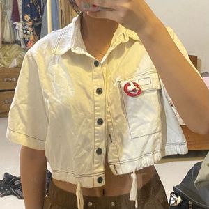 White Cropped Button-Up Shirt with Red Accent
