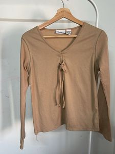 Tan V-Neck Long Sleeve Top with Drawstring