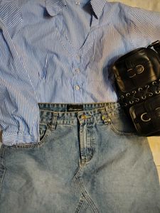 Retro Striped Button-Up &amp; Denim Skirt Set