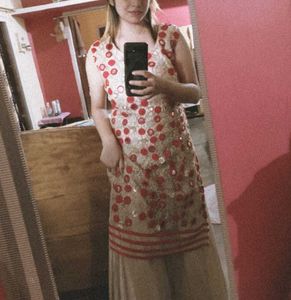 Red &amp; Gold Embellished Kurta with shararas