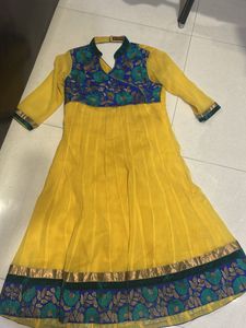 Yellow Anarkali Kurta with Blue Embroidery