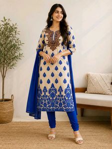 Beige & Royal Blue Embroidered Raw Silk Kurti Set
