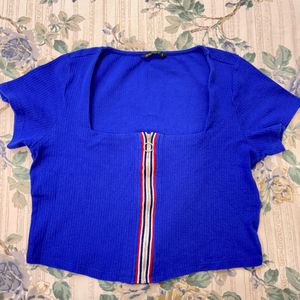 Blue Ribbed Zip Front Cropped Top