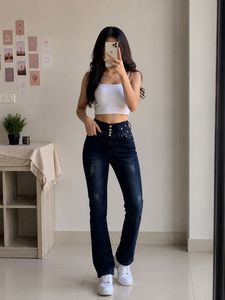 Dark Wash Flare Jeans with Embellishments