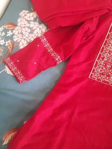 Red Kurta Set with White Embroidery