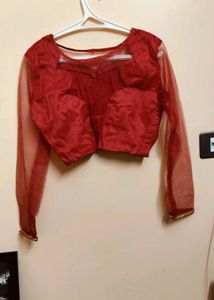 unused Elegant Red Blouse with Sheer Sleeves