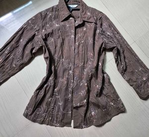 90s Vintage Linen Blend top: Brown Floral Embro