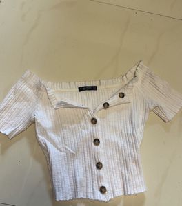 Bershka ripped off-shoulder buttonup croptop