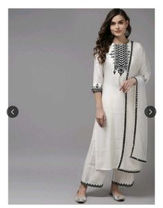 Indo Era White Floral Yoke Mirror Work Kurta set