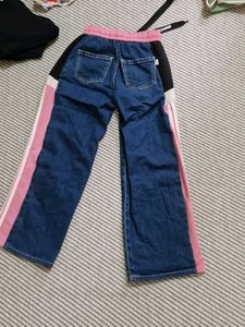 Stylish Blue Denim Pants with Pink Stripes