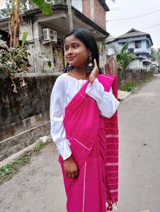Vibrant Pink Striped pure cotton khadi Saree