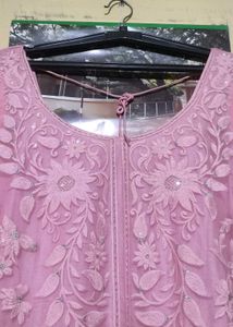 Pink Embroidered Kurta set with lace work dupatta