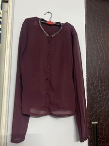 Burgundy Sheer Button-Down Top