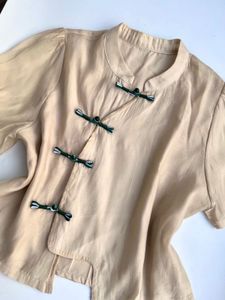 Boho Chic Beige Mandarin Collar Blouse