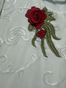 White Tiered Embroidered Gown with Red Scarf