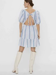 Blue Striped Puff Sleeve Square Neck Dress