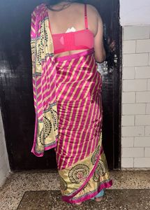 Vibrant Pink & Gold Striped crepe Saree