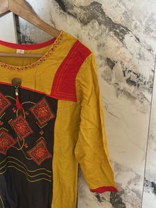 Yellow and Brown Embroidered Kurta