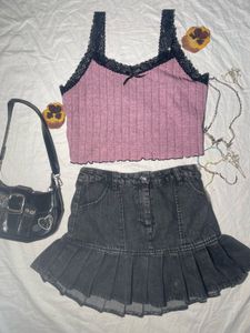 Pink Ribbed Lace Trim Cami Top