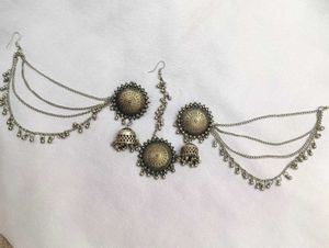 Oxidized Silver Jhumka Earrings & Head Chain