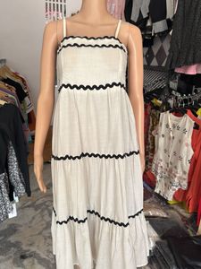 White Tiered Midi Dress with Black Trim